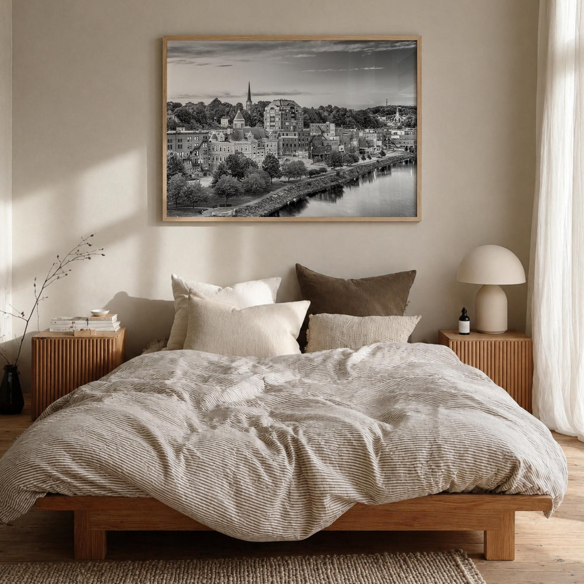 Maine black & white photo poster of United States – horizontal wall art in natural wood frame, hanging on wall