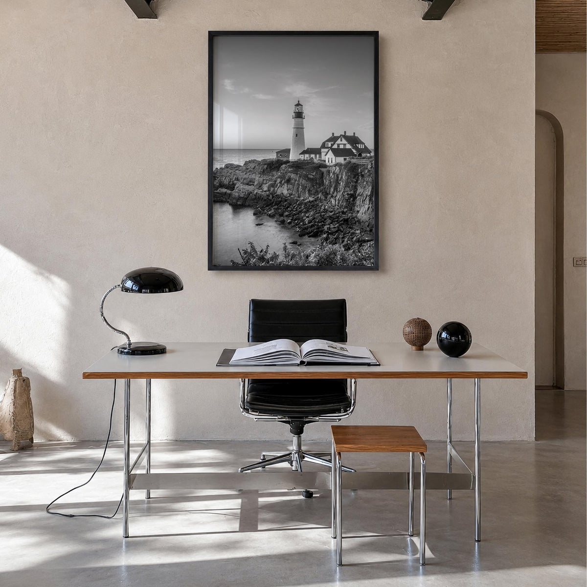 Maine no. 1 black & white photo poster of United States – vertical wall art in black wood frame, hanging on wall
