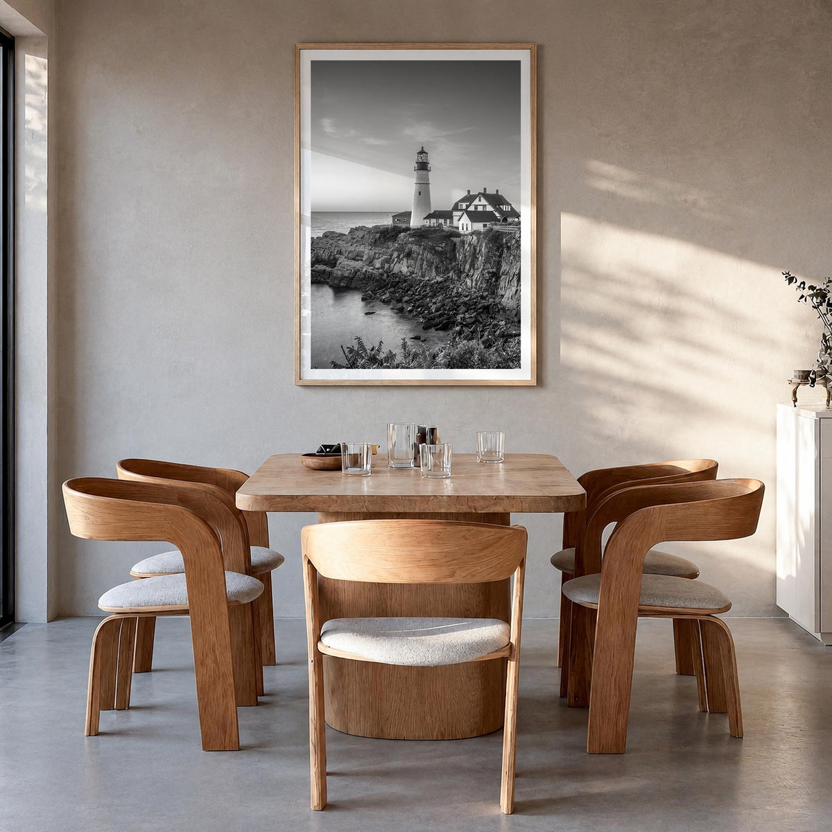 Maine no. 1 black & white photo poster of United States – vertical wall art in natural wood frame with white border, hanging