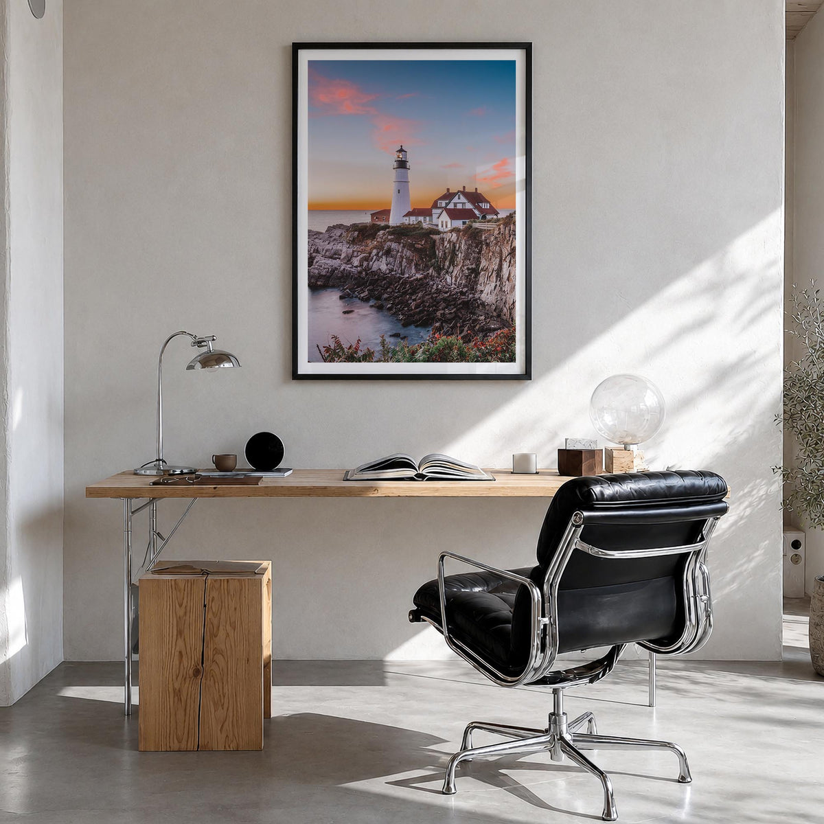 Maine no. 1 colorful photo poster of United States – vertical wall art in black wood frame with white border, hanging on wall