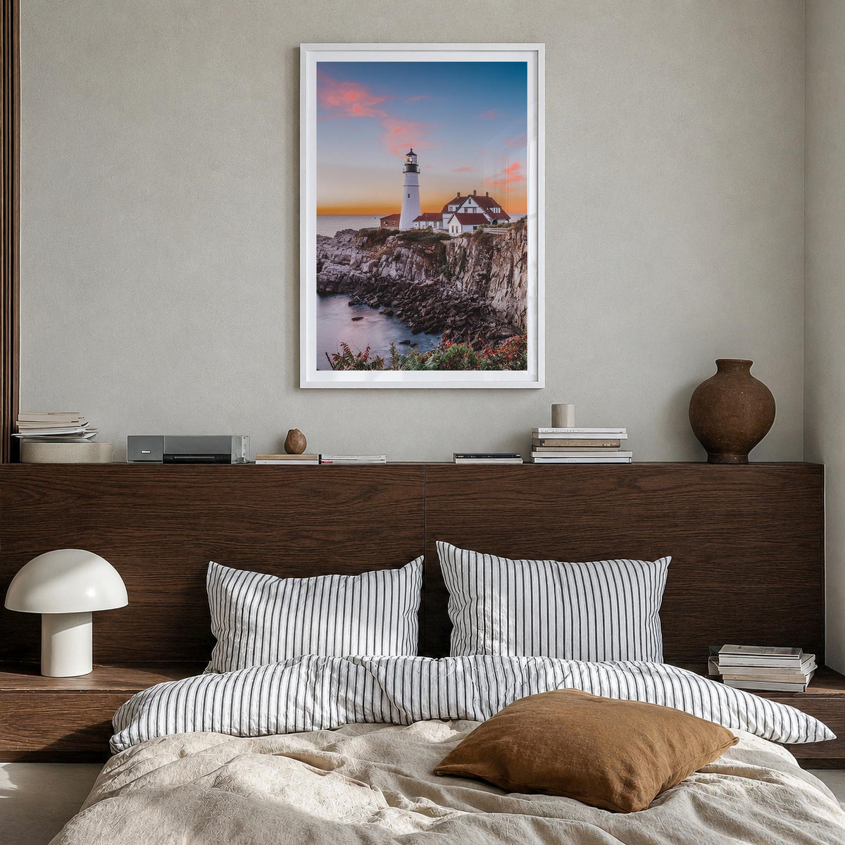 Maine no. 1 colorful photo poster of United States – vertical wall art in white wood frame with white border, hanging on wall