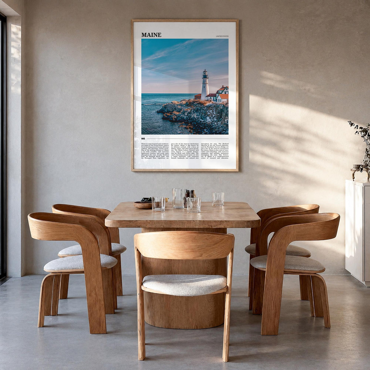 Maine no. 1 colorful travel poster of United States – vertical wall art in natural wood frame, hanging on wall