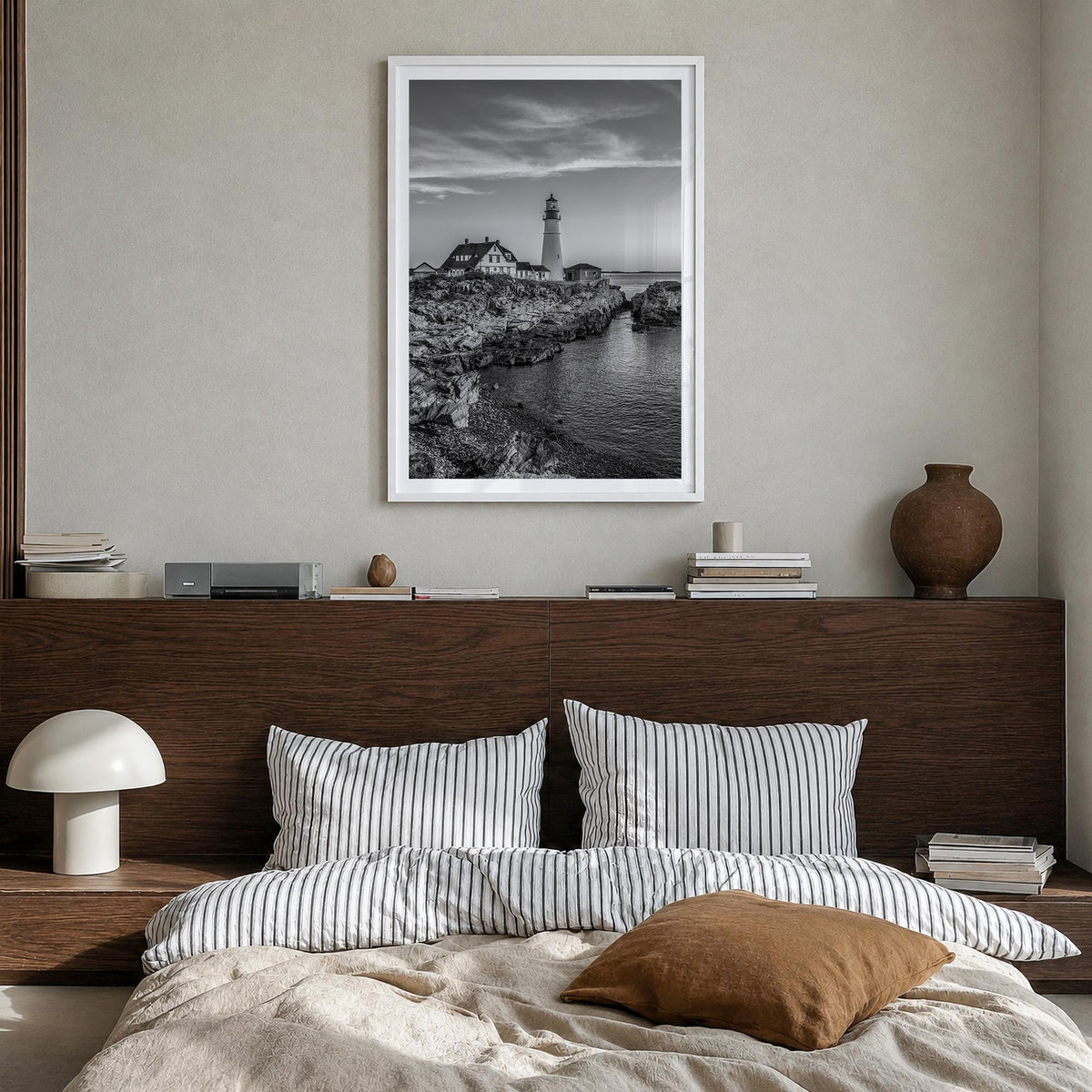 Maine no. 2 black & white photo poster of United States – vertical wall art in white wood frame with white border, hanging on