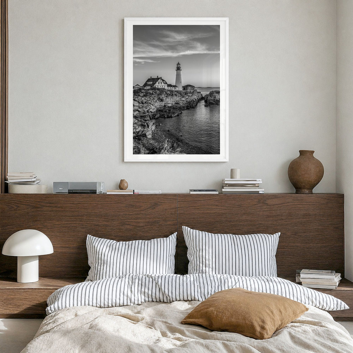 Maine Photo No 2 Poster in a white wood frame, hanging in a bedroom, white border