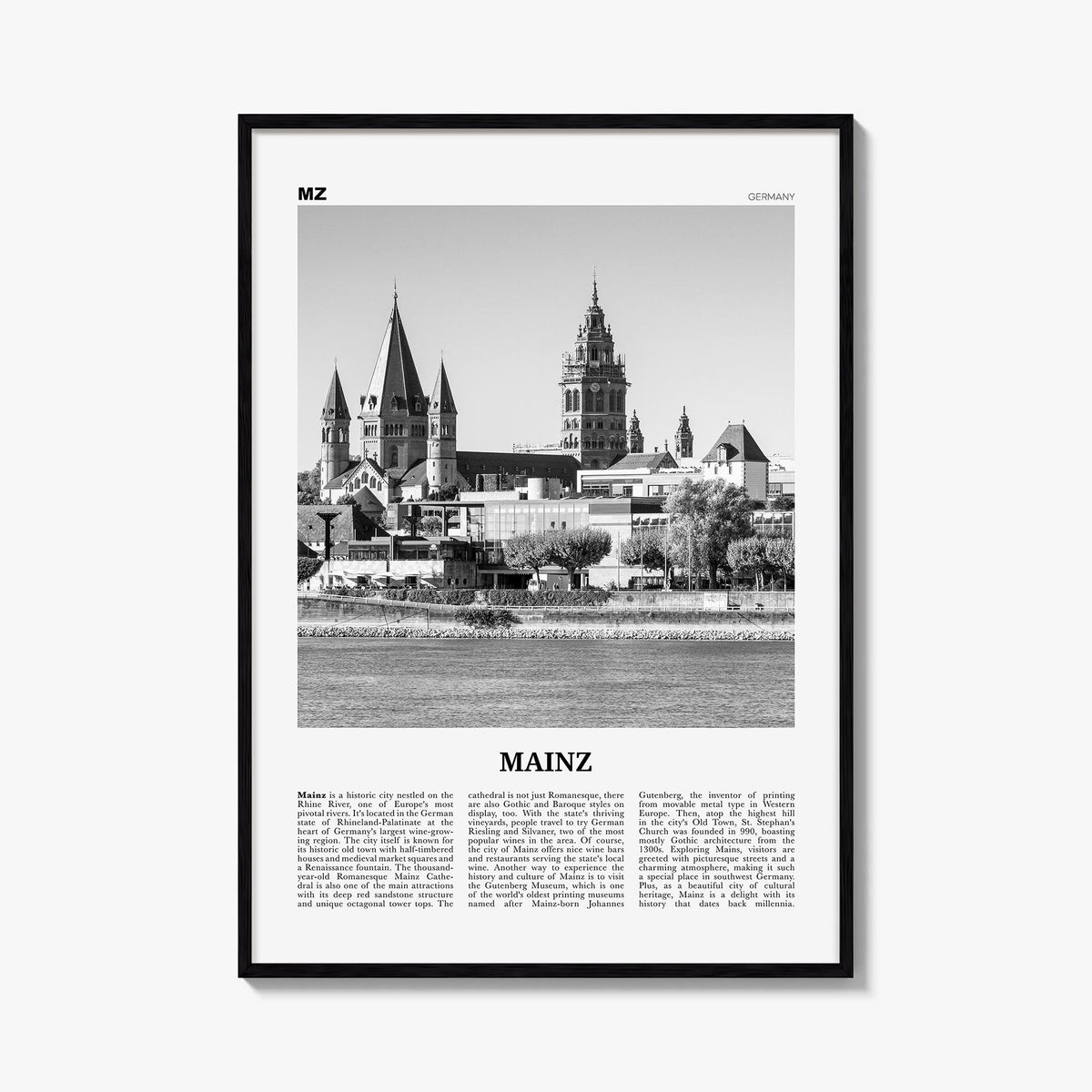 Mainz black & white newspaper poster of Germany – vertical wall art, unframed print shown in interior mockup