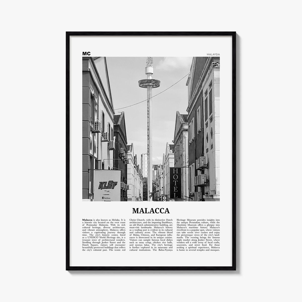 Malacca black & white newspaper poster of Malaysia – vertical wall art, unframed print shown in interior mockup