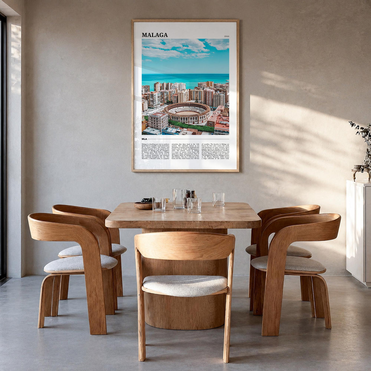 Málaga colorful travel poster of Spain – vertical wall art in natural wood frame, hanging on wall