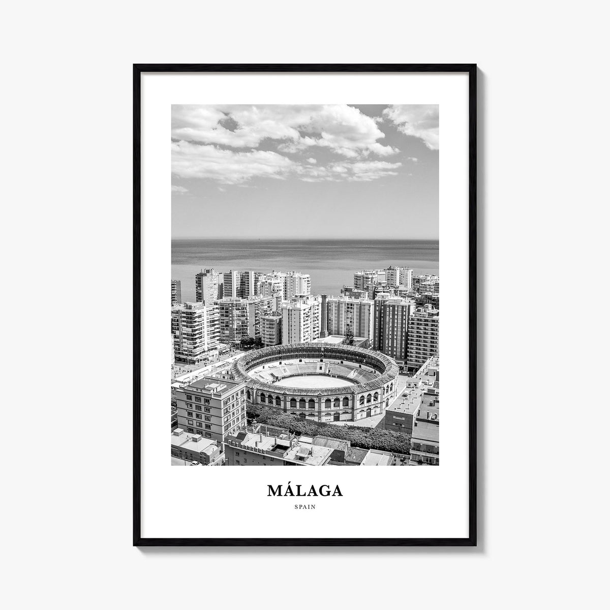 Málaga no. 1 black & white classic poster of Spain – vertical wall art, unframed print shown in interior mockup