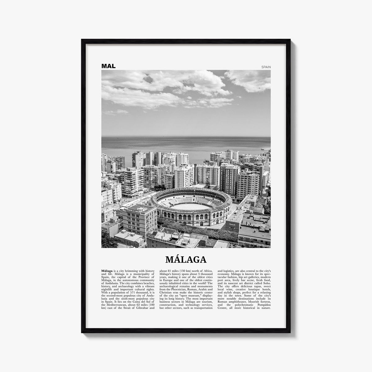 Málaga no. 1 black & white newspaper poster of Spain – vertical wall art, unframed print shown in interior mockup