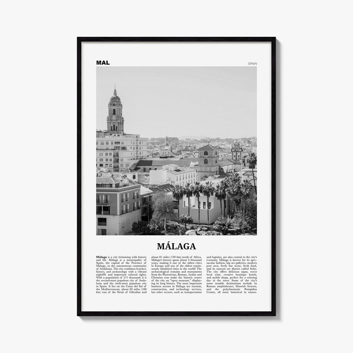 Málaga no. 2 black & white newspaper poster of Spain – vertical wall art, unframed print shown in interior mockup