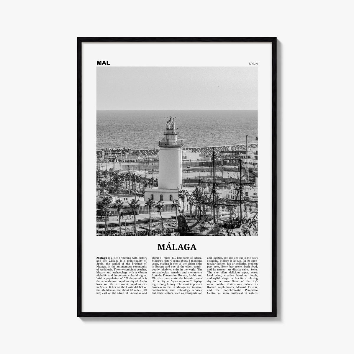 Málaga no. 3 black & white newspaper poster of Spain – vertical wall art, unframed print shown in interior mockup