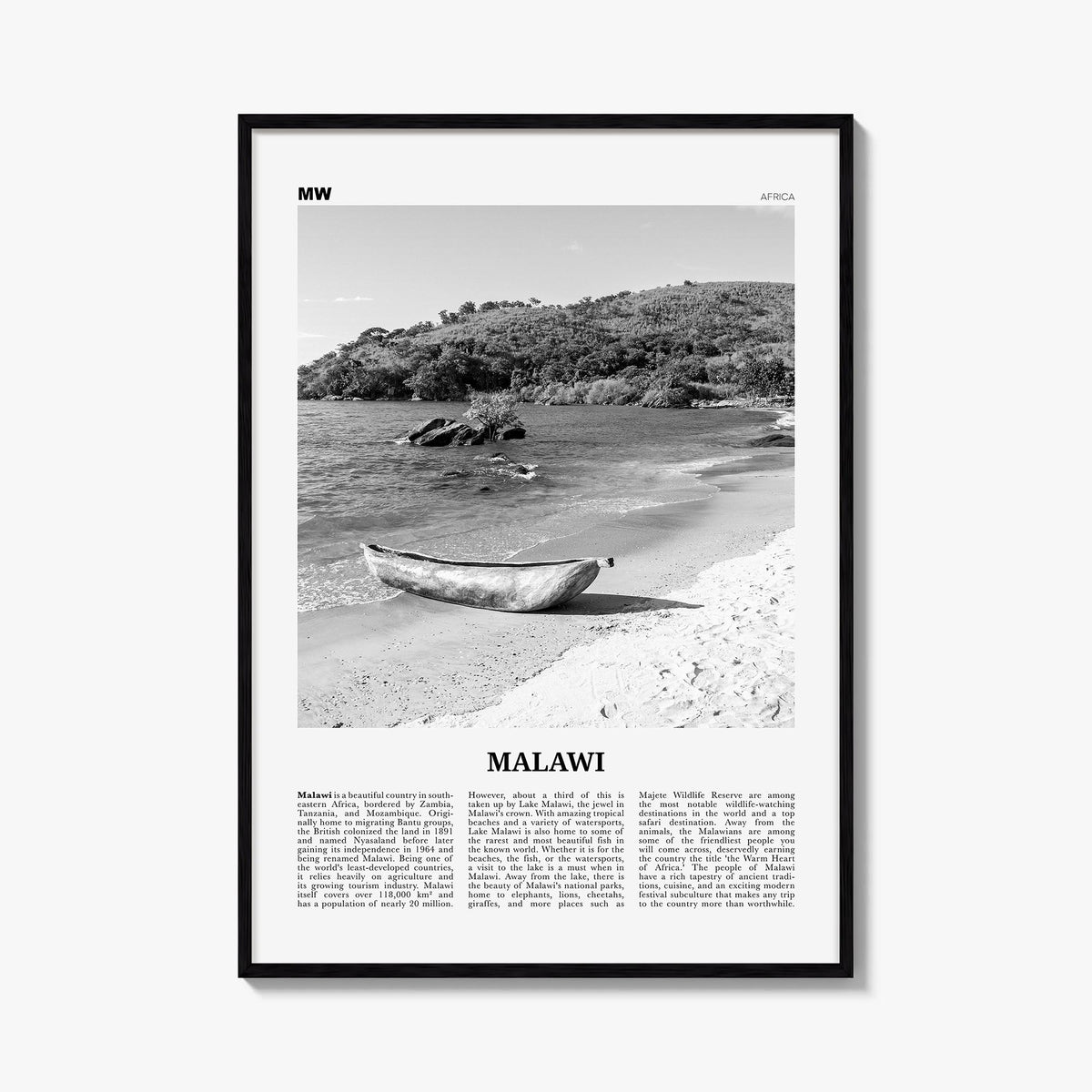 Malawi black & white newspaper poster of Africa – vertical wall art, unframed print shown in interior mockup