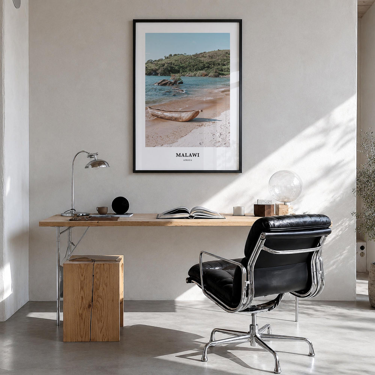 Malawi colorful classic poster of Africa – vertical wall art in black wood frame, hanging on wall