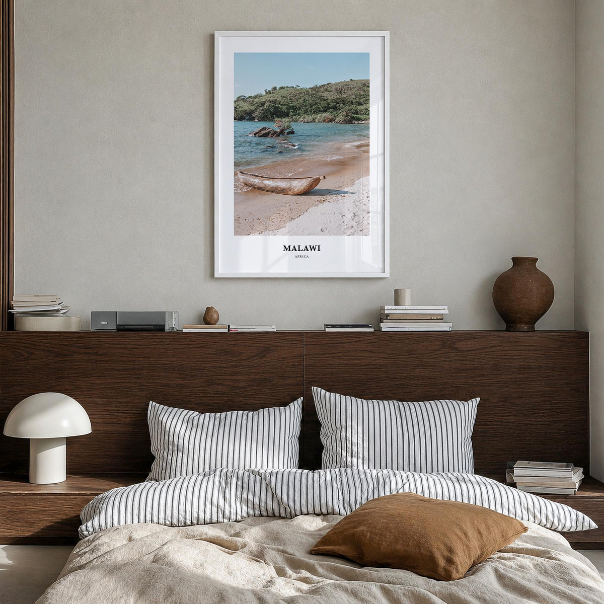 Malawi colorful classic poster of Africa – vertical wall art in white wood frame, hanging on wall