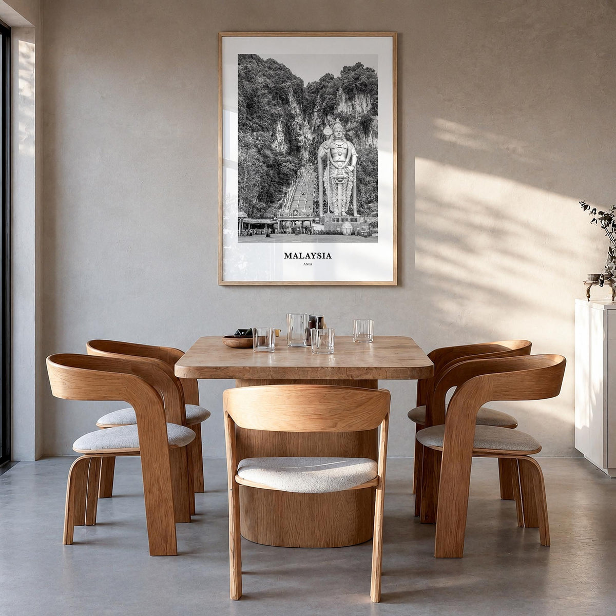 Malaysia black & white classic poster of Asia – vertical wall art in natural wood frame, hanging on wall