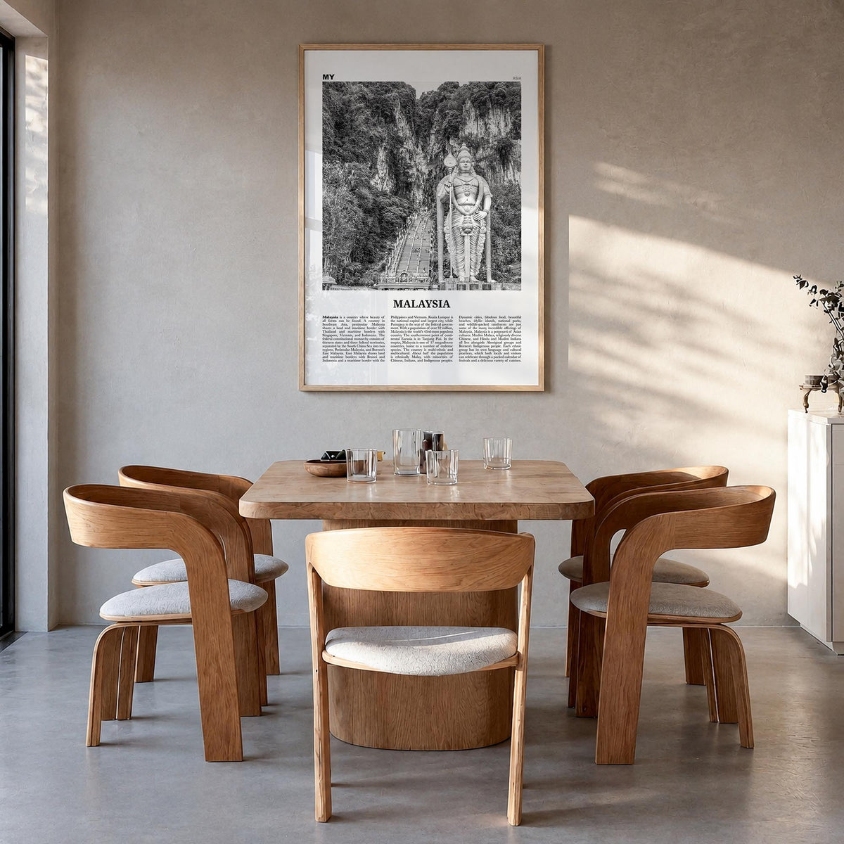 Malaysia black & white newspaper poster of Asia – vertical wall art in natural wood frame, hanging on wall