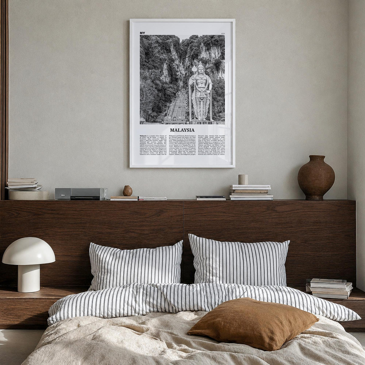 Malaysia black & white newspaper poster of Asia – vertical wall art in white wood frame, hanging on wall