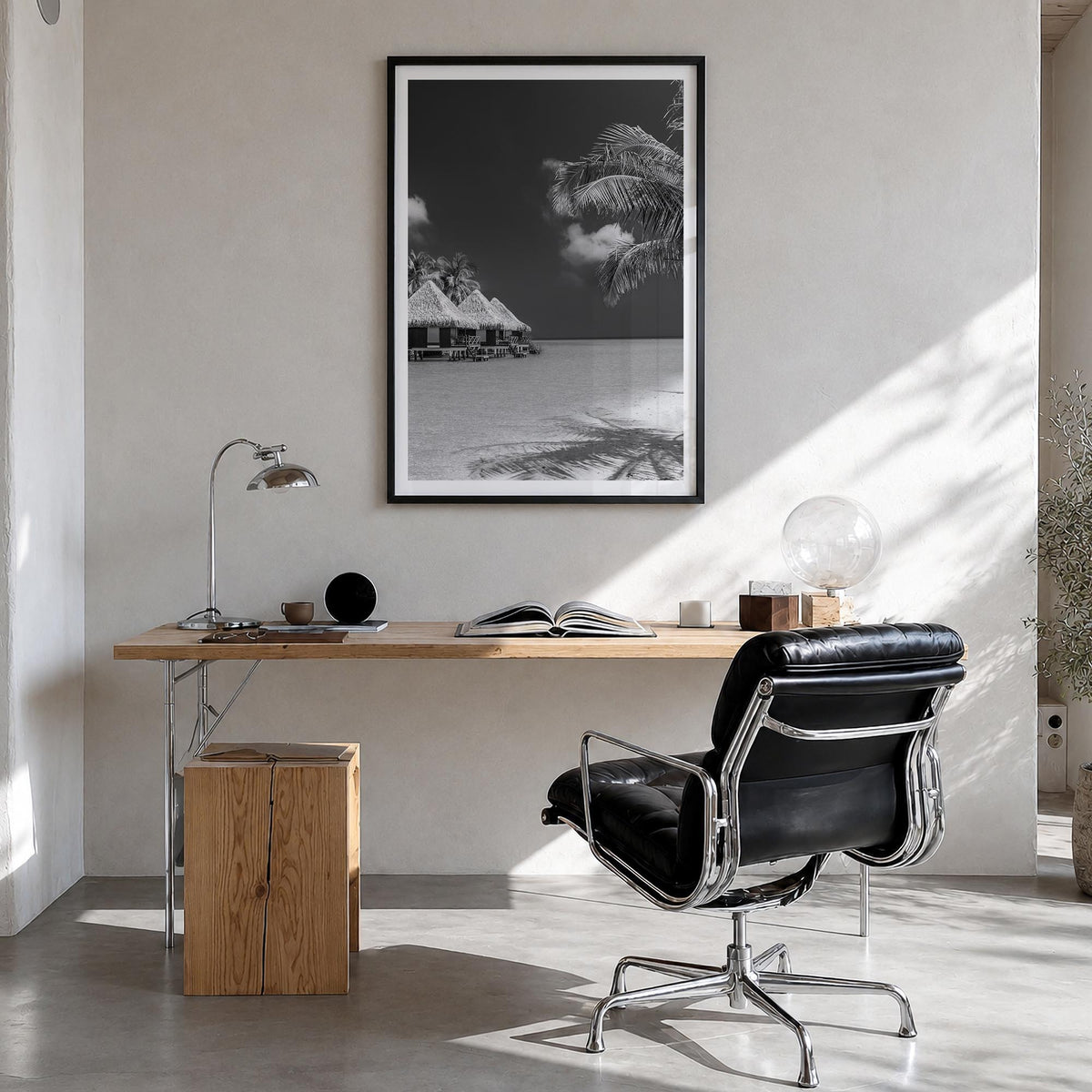 Maldives black & white photo poster of Asia – vertical wall art in black wood frame with white border, hanging on wall