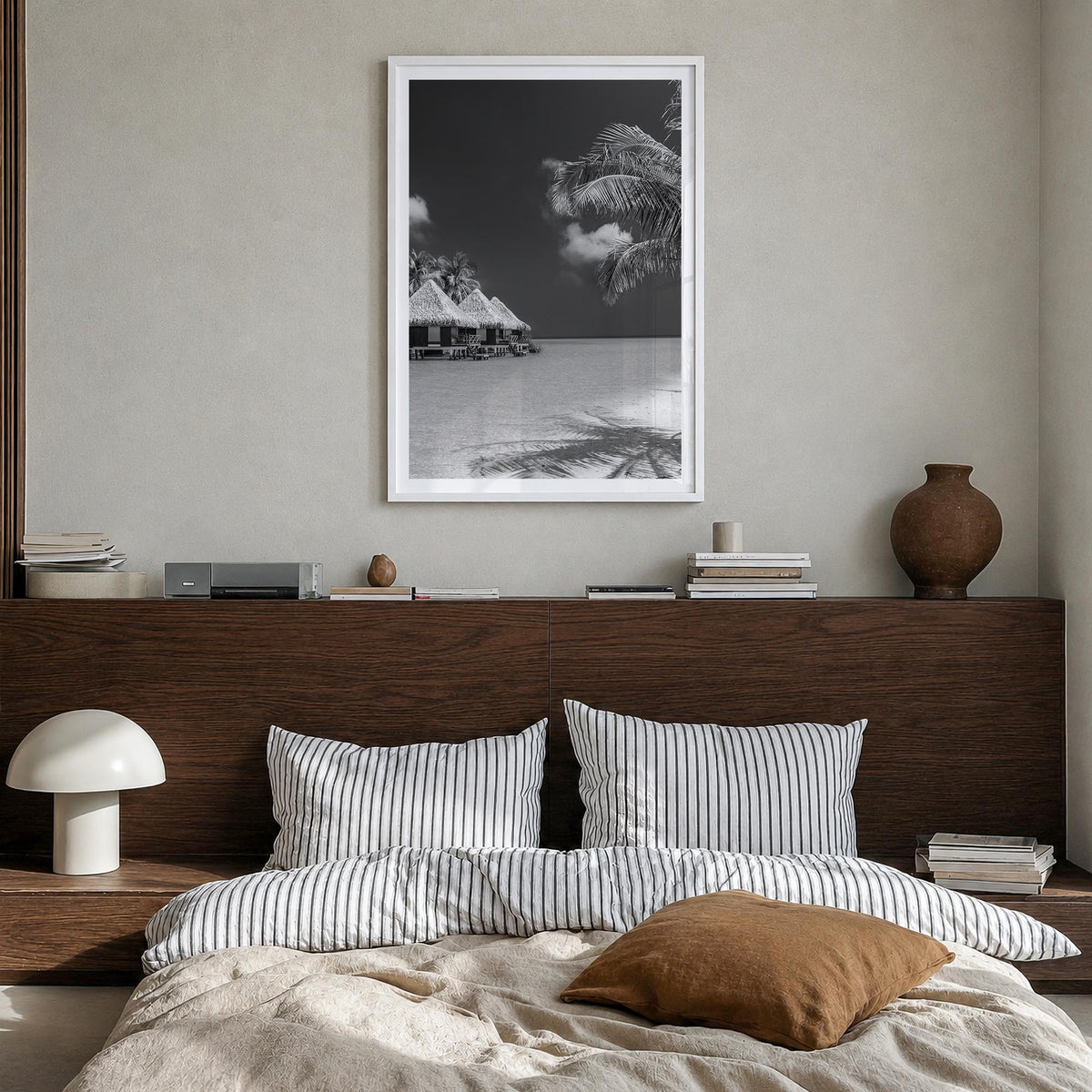 Maldives black & white photo poster of Asia – vertical wall art in white wood frame with white border, hanging on wall