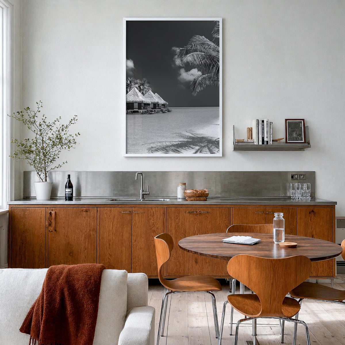 Maldives black & white photo poster of Asia – vertical wall art in white wood frame, hanging on wall