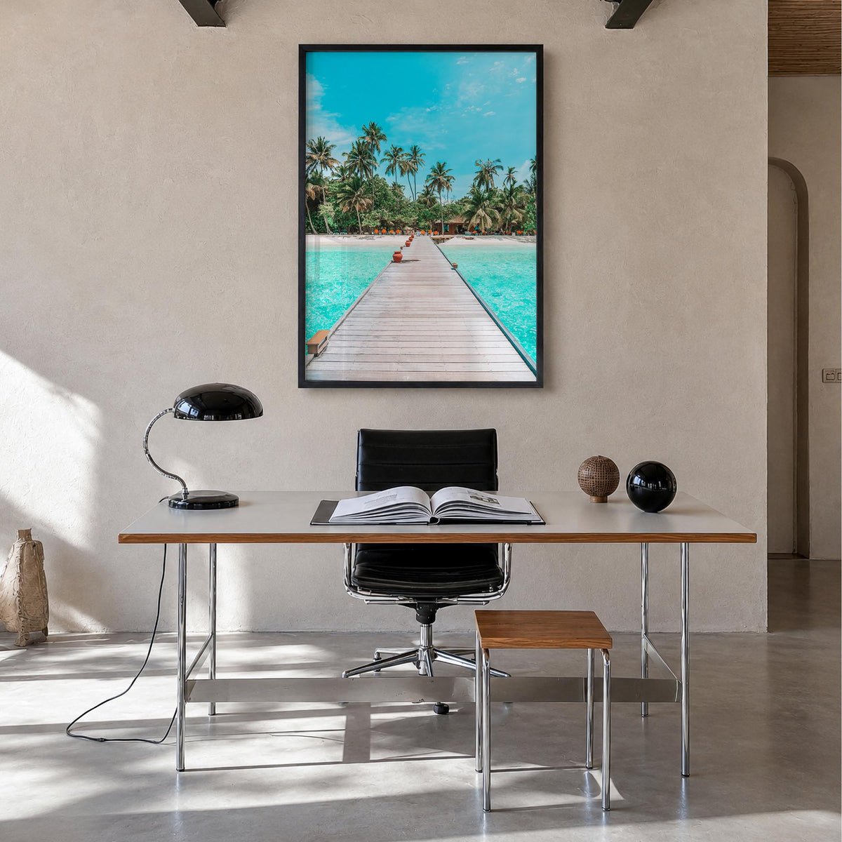 Maldives colorful photo poster of Asia – vertical wall art in black wood frame, hanging on wall