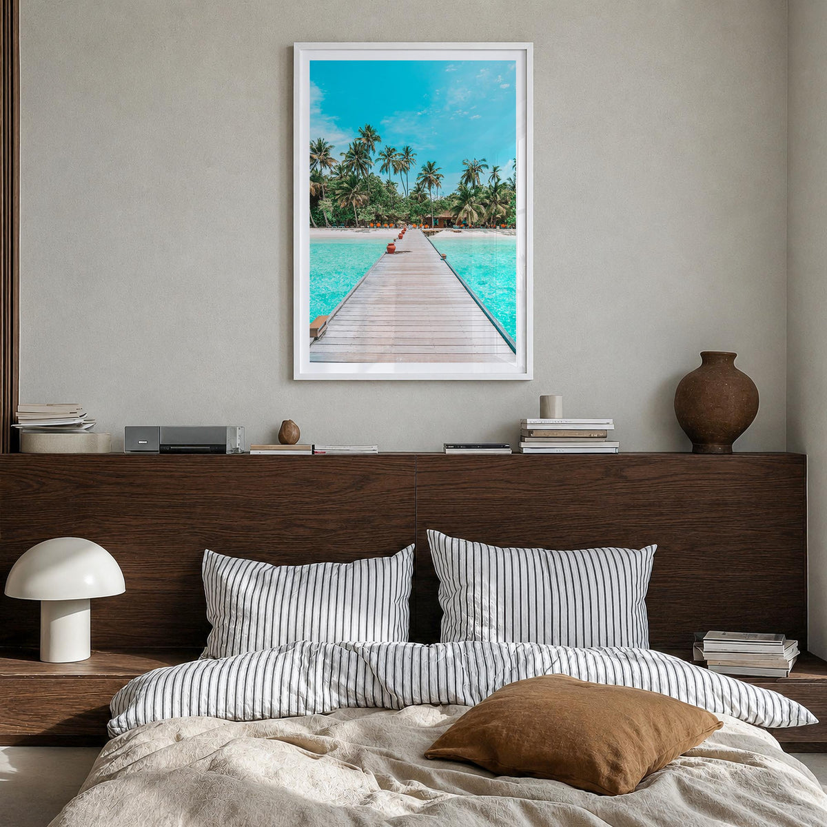 Maldives colorful photo poster of Asia – vertical wall art in white wood frame with white border, hanging on wall