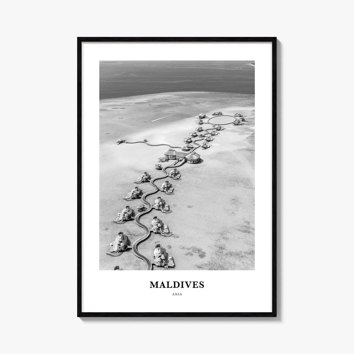 Maldives no. 2 black & white classic poster of Asia – vertical wall art, unframed print shown in interior mockup