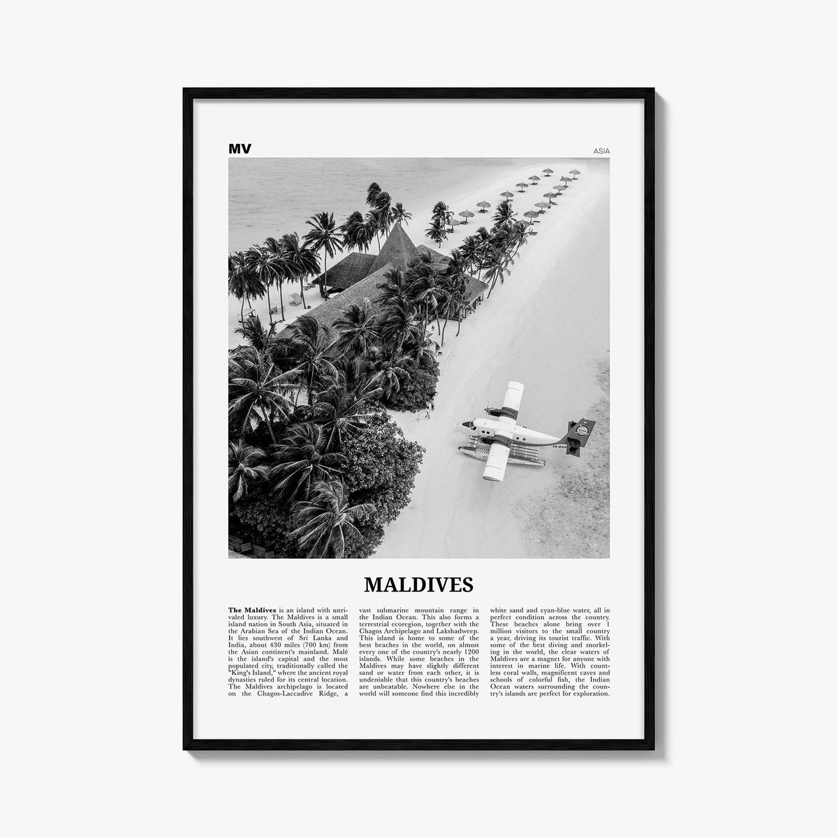 Maldives no. 3 black & white newspaper poster of Asia – vertical wall art, unframed print shown in interior mockup