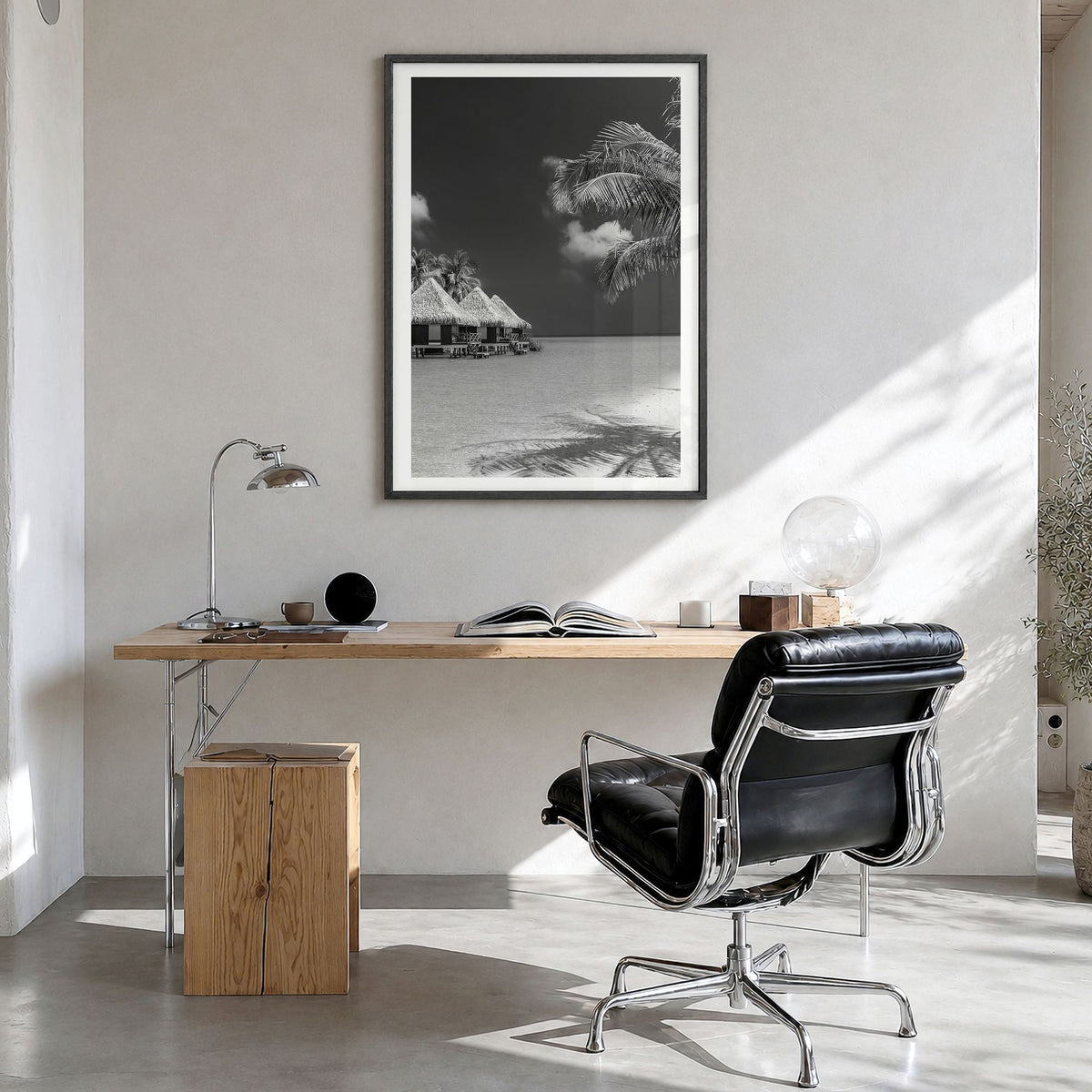 Maldives Photo Poster in a black wood frame, hanging in a bright home office, white border