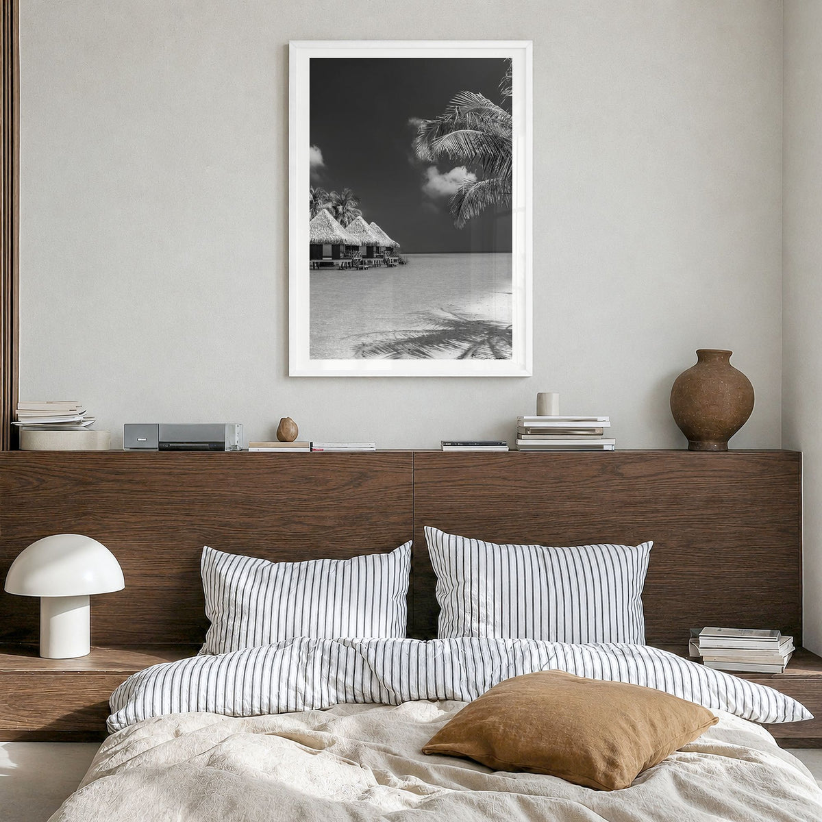 Maldives Photo Poster in a white wood frame, hanging in a bedroom, white border
