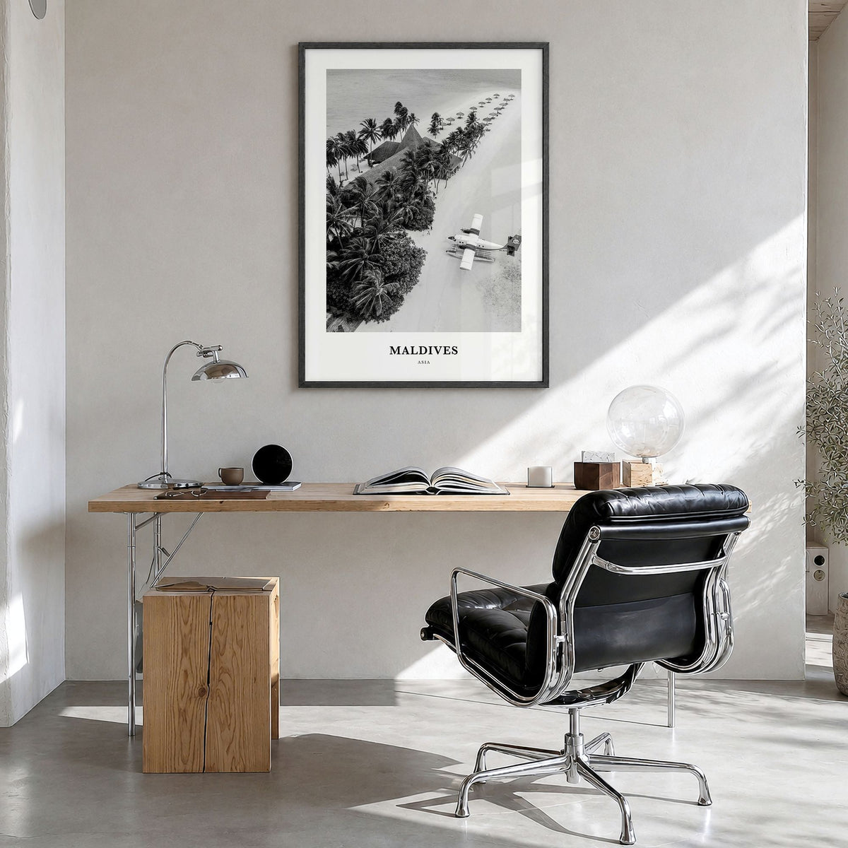 Maldives Classic No 3 Poster in a black wood frame, hanging in a bright home office