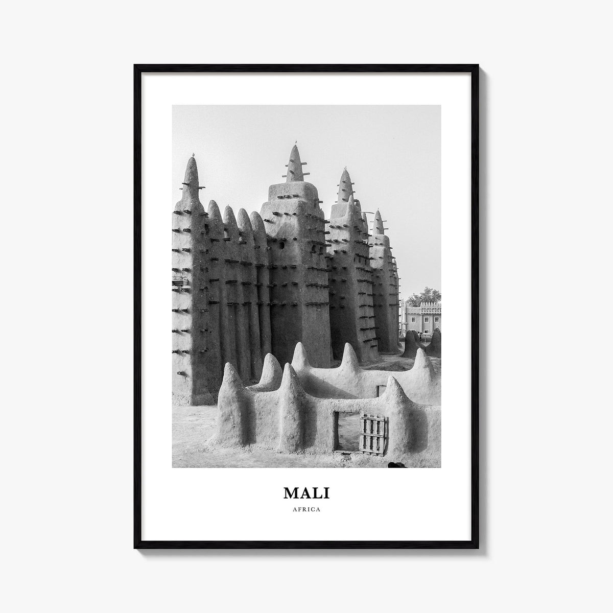Mali black & white classic poster of Africa – vertical wall art, unframed print shown in interior mockup