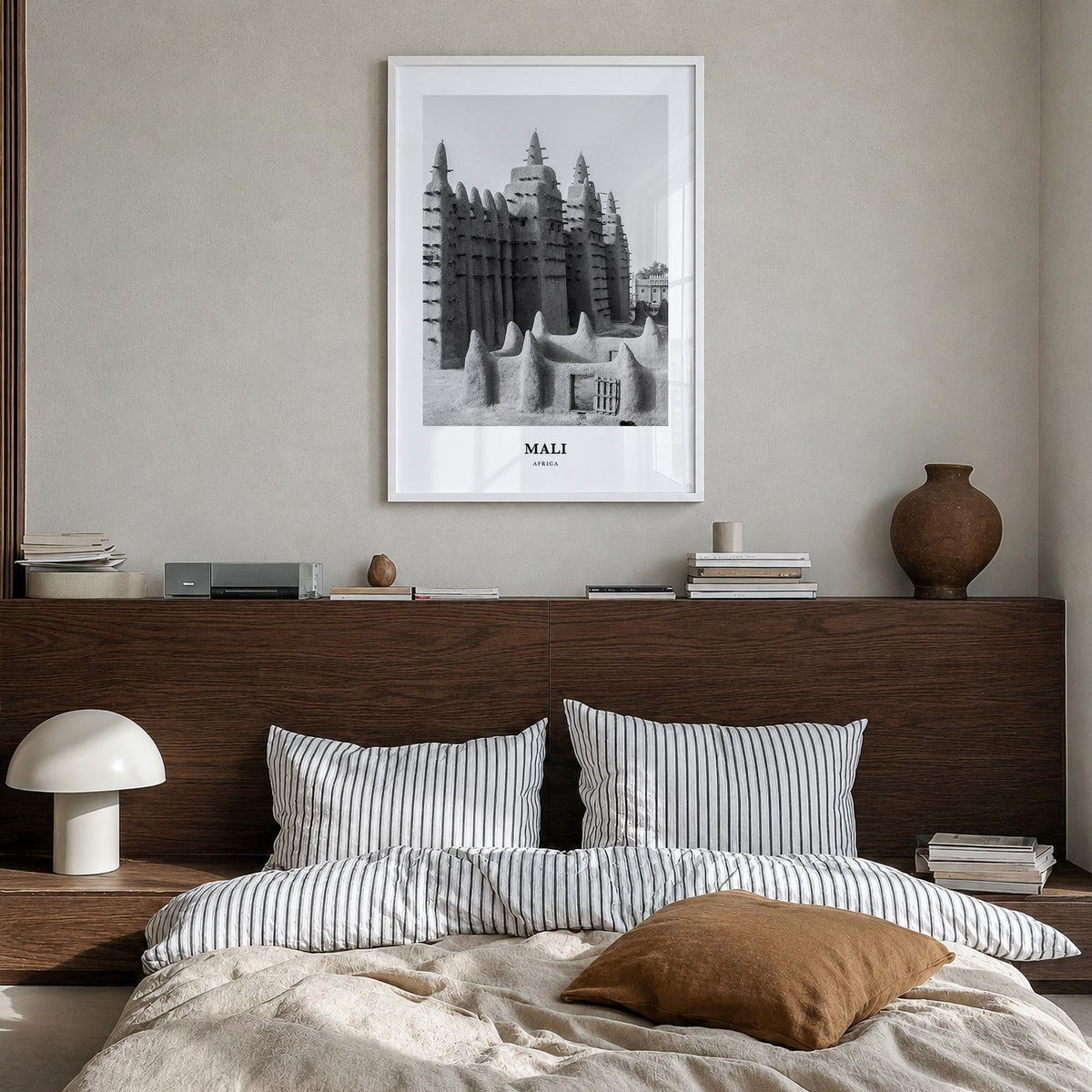 Mali black & white classic poster of Africa – vertical wall art in white wood frame, hanging on wall