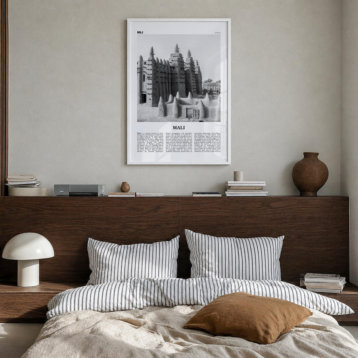 Mali black & white newspaper poster of Africa – vertical wall art in white wood frame, hanging on wall