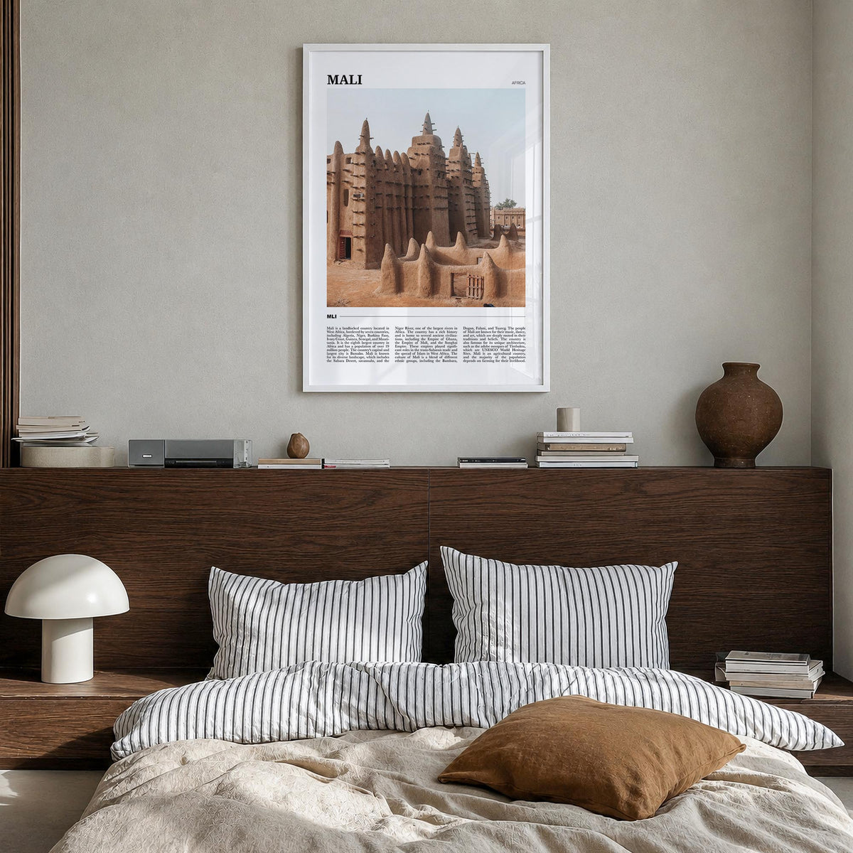 Mali colorful travel poster of Africa – vertical wall art in white wood frame, hanging on wall