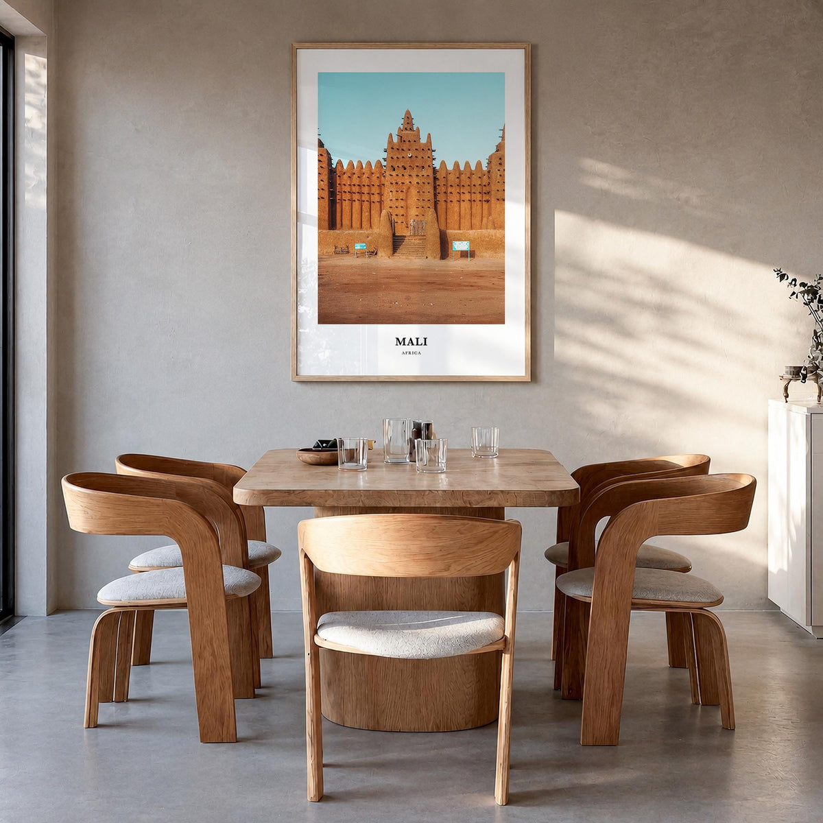 Mali no. 2 colorful classic poster of Africa – vertical wall art in natural wood frame, hanging on wall