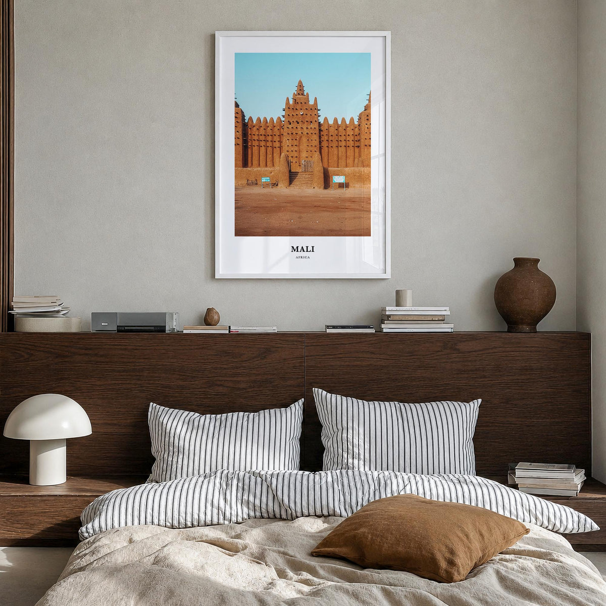 Mali no. 2 colorful classic poster of Africa – vertical wall art in white wood frame, hanging on wall