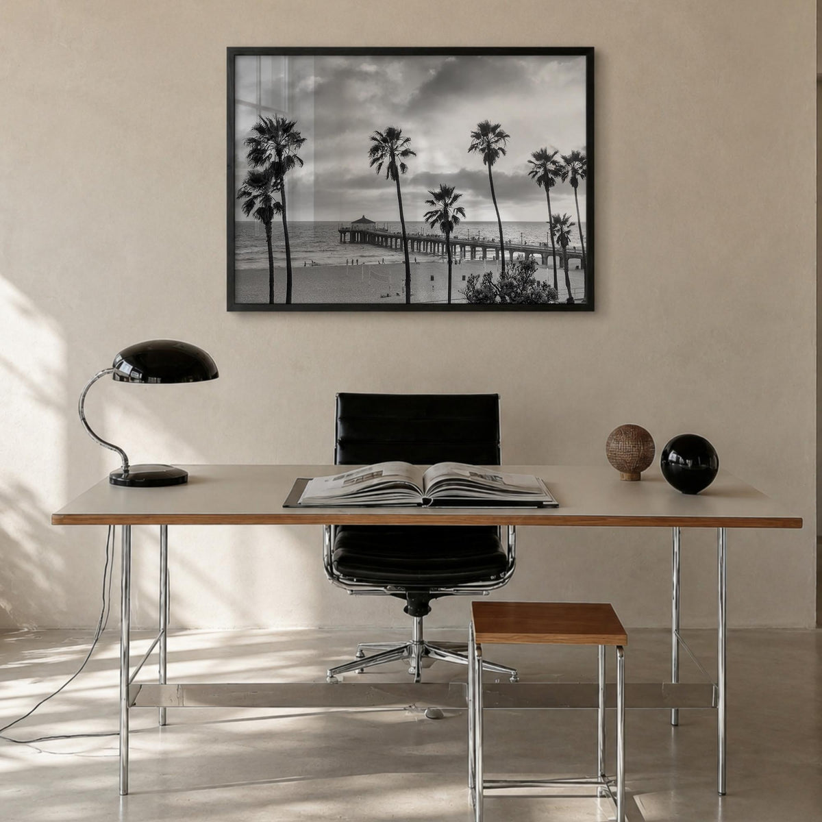 Malibu black & white photo poster of California, USA – horizontal wall art in black wood frame, hanging on wall