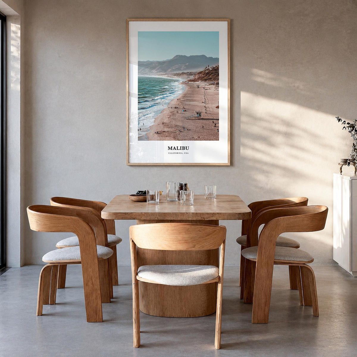 Malibu colorful classic poster of California, USA – vertical wall art in natural wood frame, hanging on wall