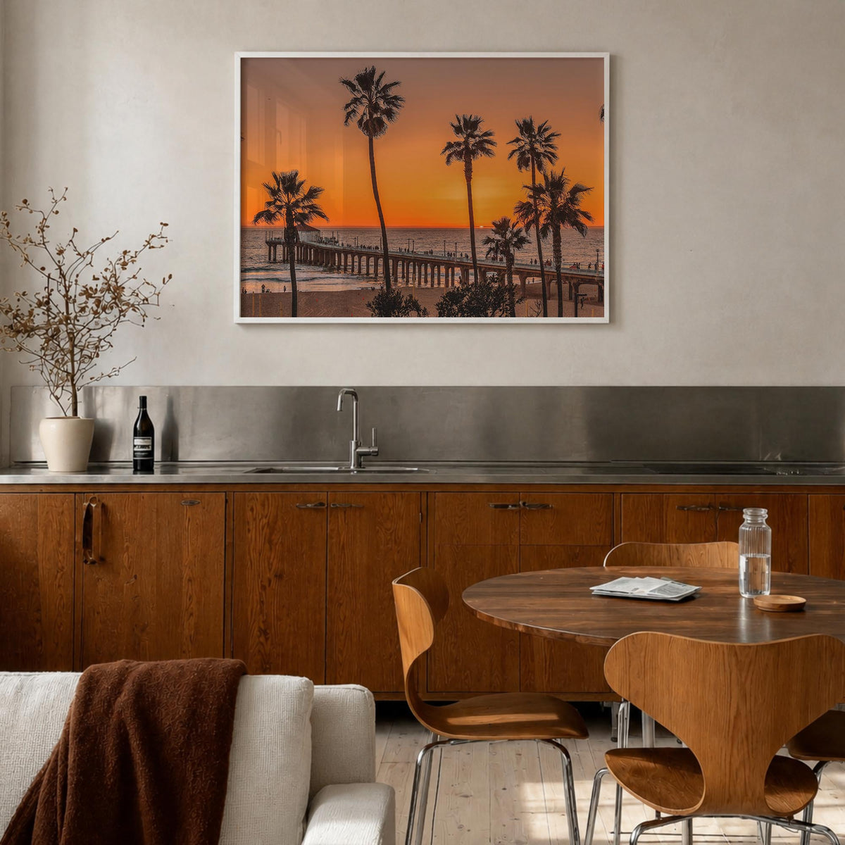 Malibu colorful photo poster of California, USA – horizontal wall art in white wood frame, hanging on wall
