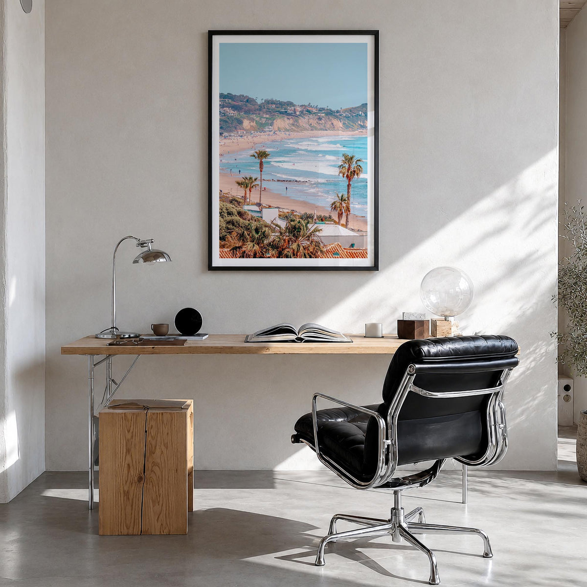 Malibu no. 1 colorful photo poster of California, USA – vertical wall art in black wood frame with white border, hanging on w