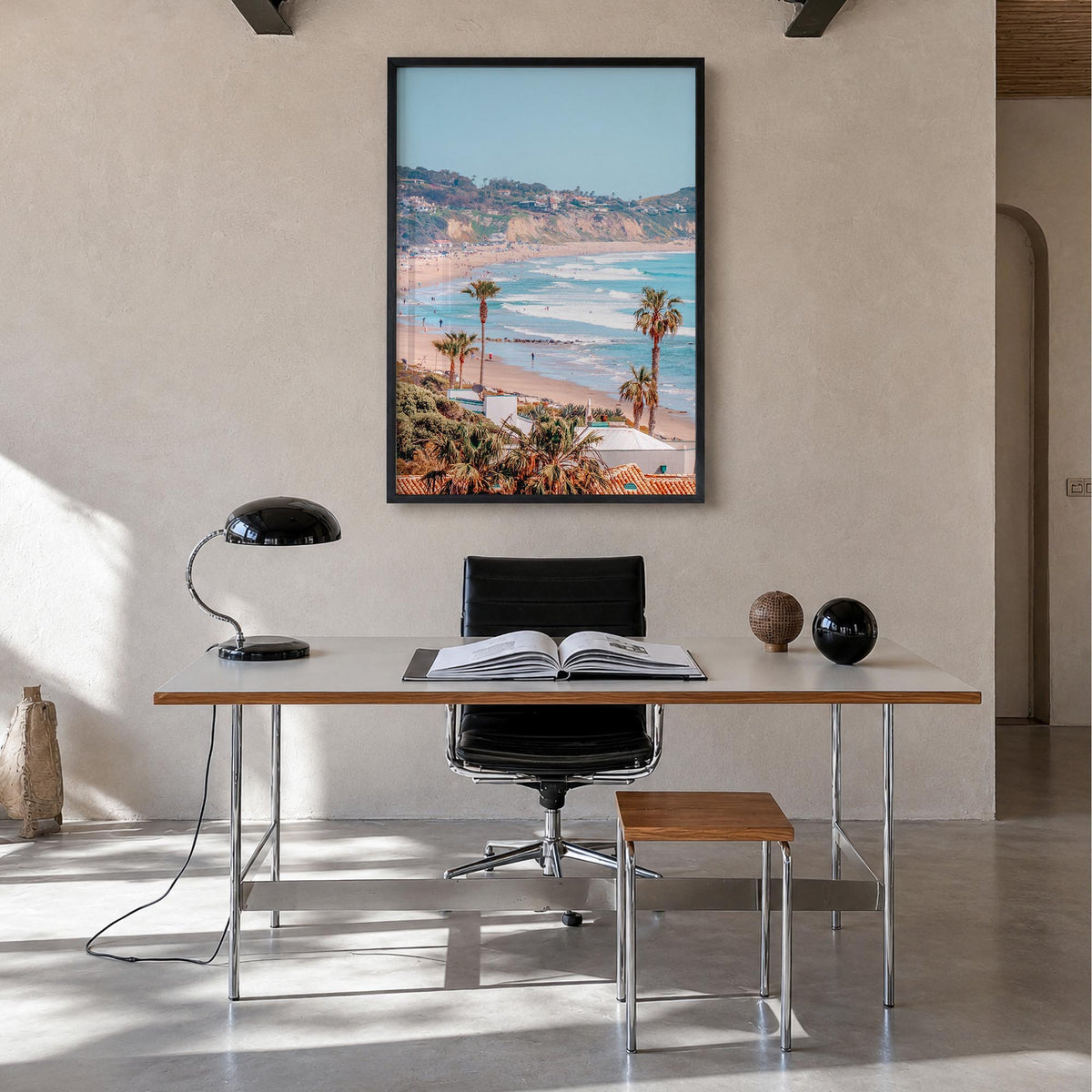 Malibu no. 1 colorful photo poster of California, USA – vertical wall art in black wood frame, hanging on wall
