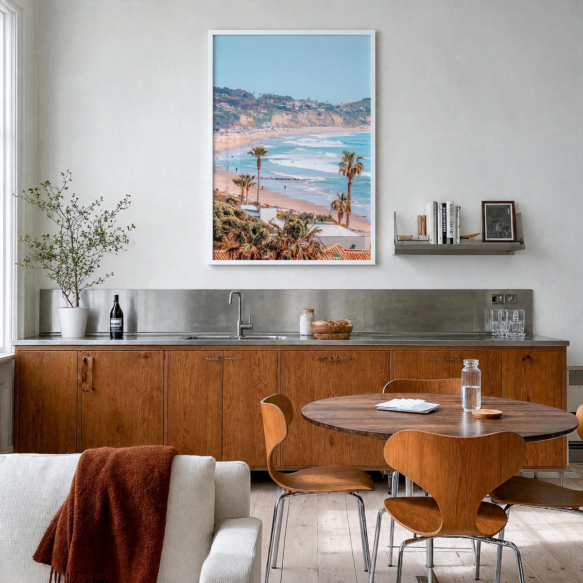 Malibu no. 1 colorful photo poster of California, USA – vertical wall art in white wood frame, hanging on wall