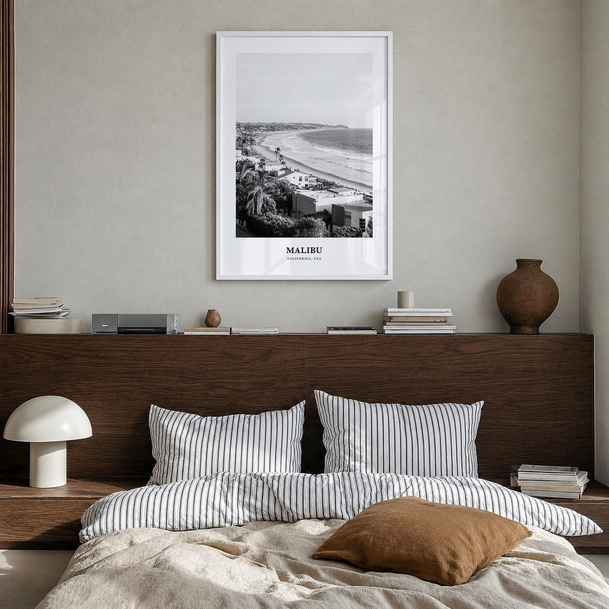 Malibu no. 2 black & white classic poster of California, USA – vertical wall art in white wood frame, hanging on wall