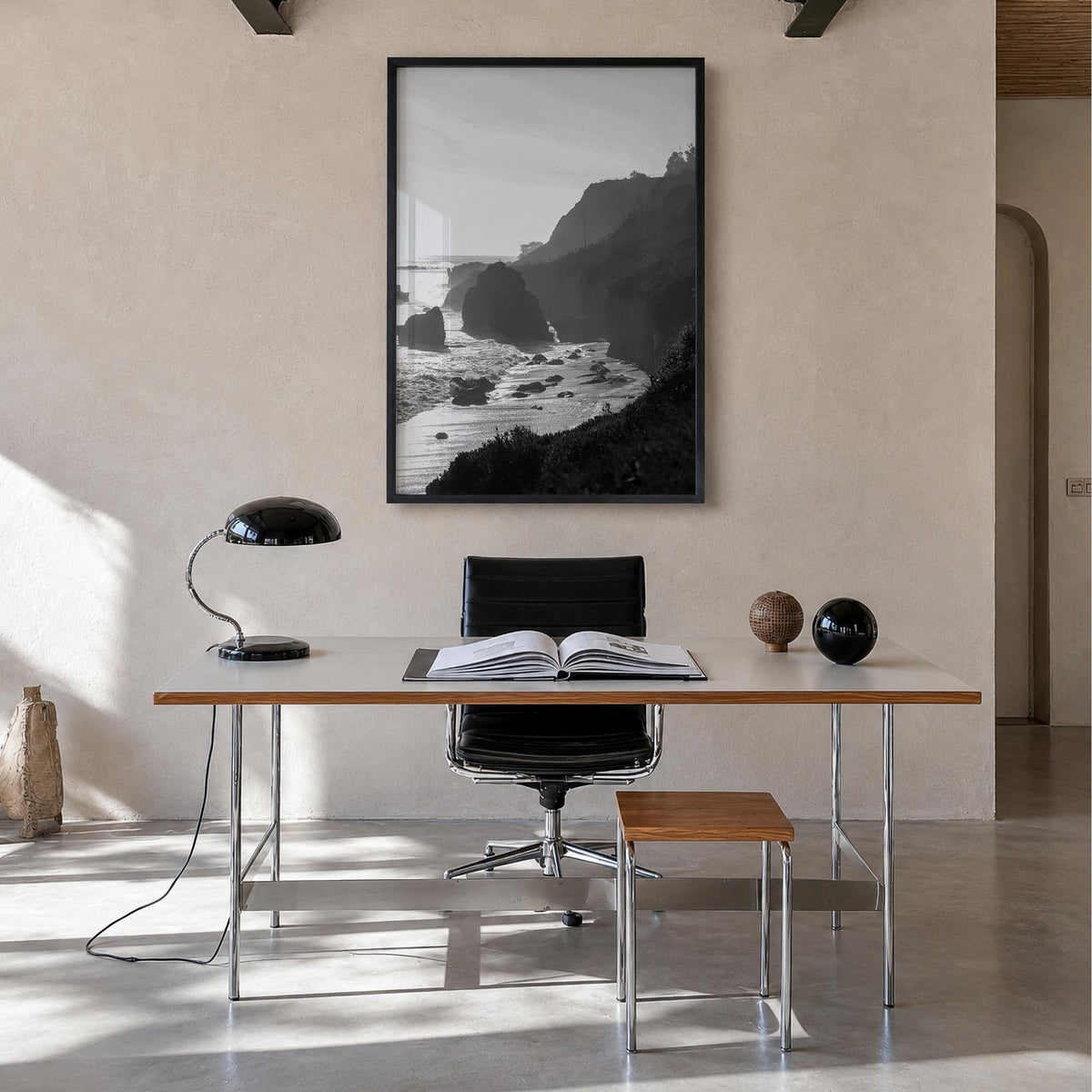 Malibu no. 2 black & white photo poster of California, USA – vertical wall art in black wood frame, hanging on wall