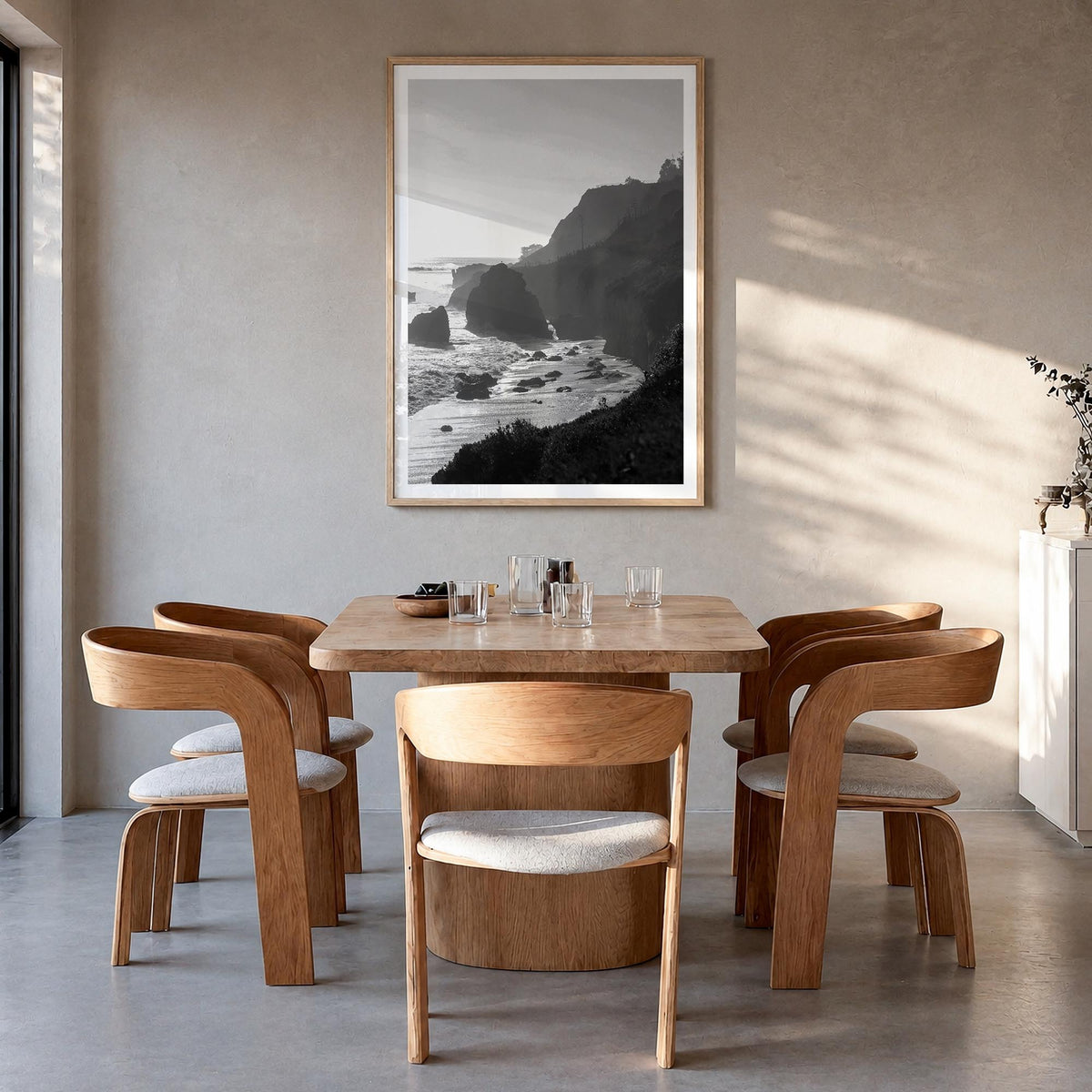 Malibu no. 2 black & white photo poster of California, USA – vertical wall art in natural wood frame with white border, hangi