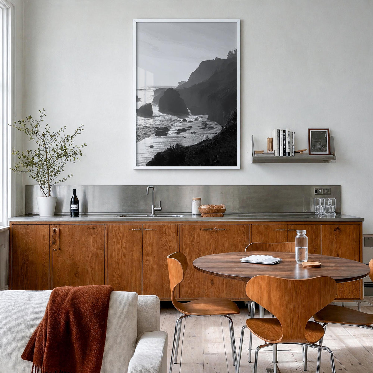 Malibu no. 2 black & white photo poster of California, USA – vertical wall art in white wood frame, hanging on wall