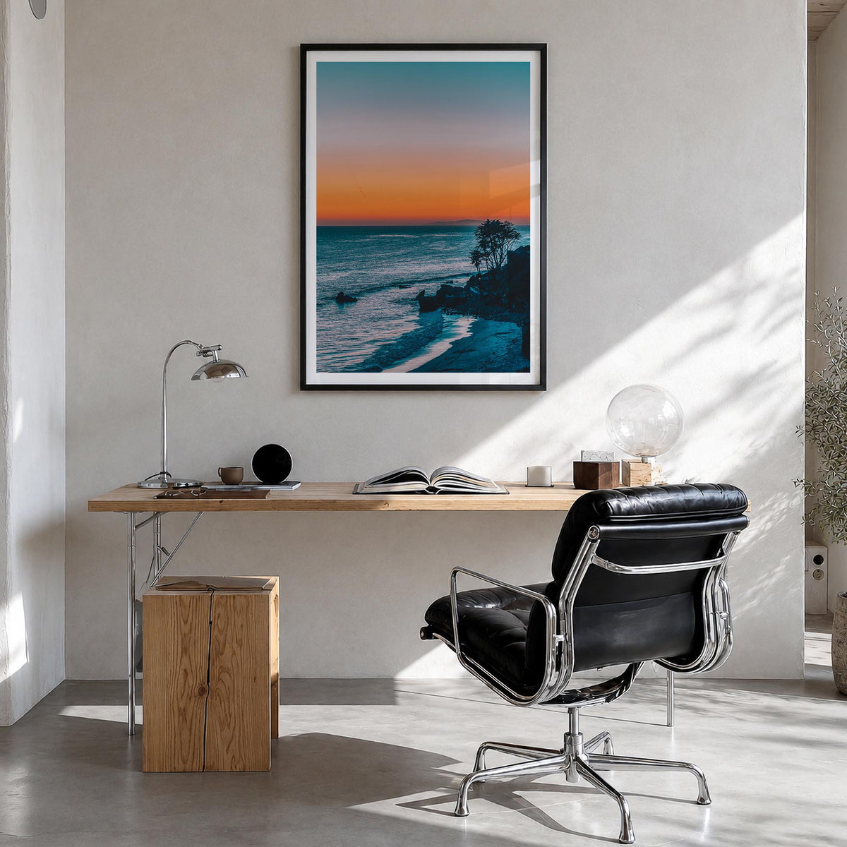 Malibu no. 2 colorful photo poster of California, USA – vertical wall art in black wood frame with white border, hanging on w