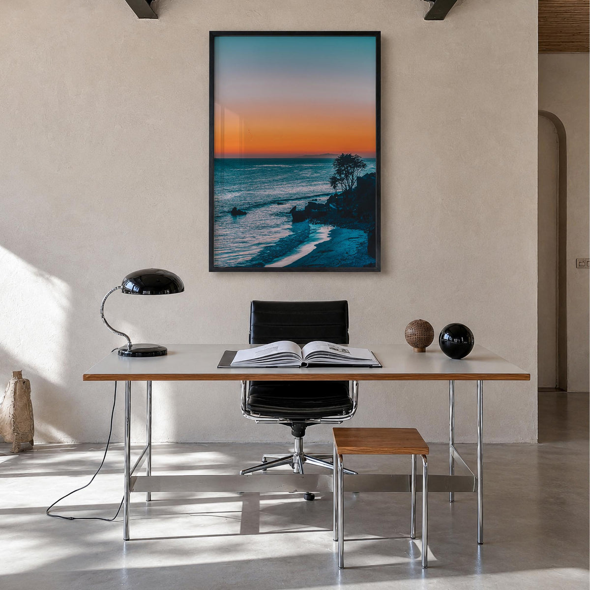 Malibu no. 2 colorful photo poster of California, USA – vertical wall art in black wood frame, hanging on wall