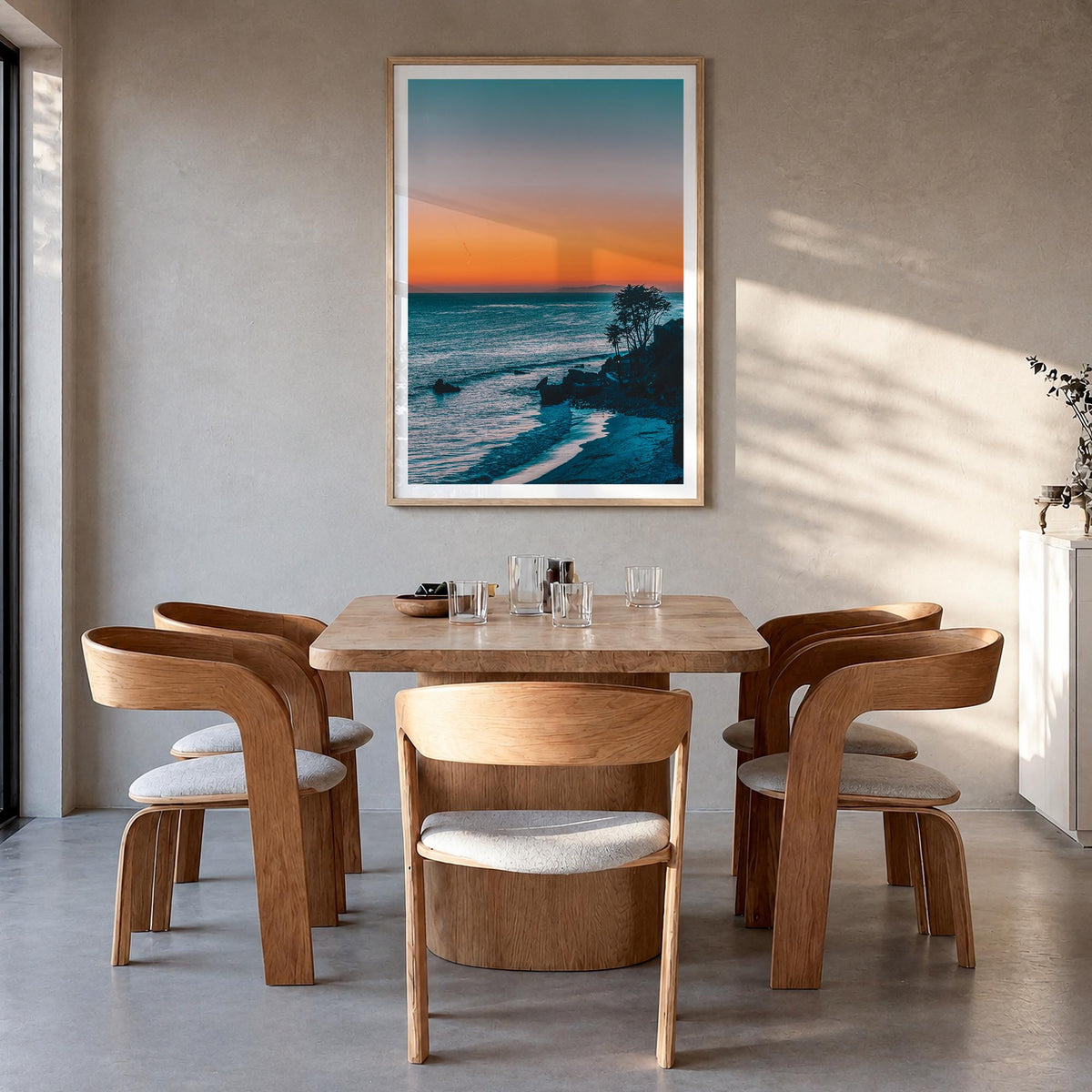Malibu no. 2 colorful photo poster of California, USA – vertical wall art in natural wood frame with white border, hanging on